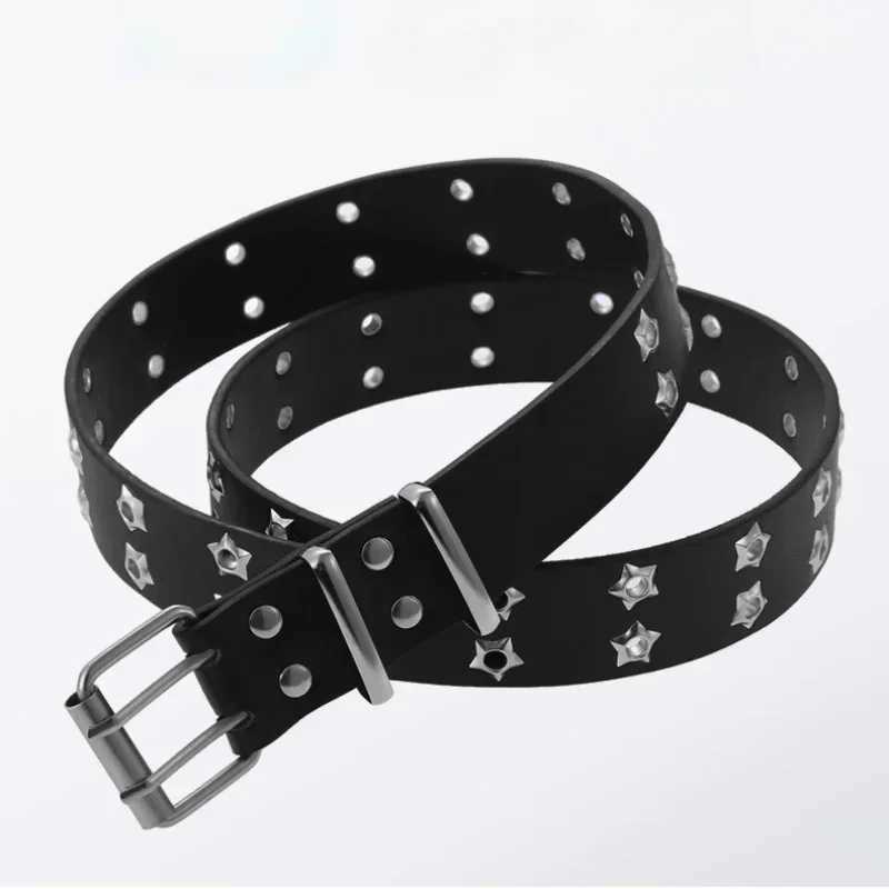 1 PC Star Eye Rivet Belt Goth Style Double Pin Buckle Men Women Fashion Casual Punk Style PU Leather Waistband for Jeans Young W250604