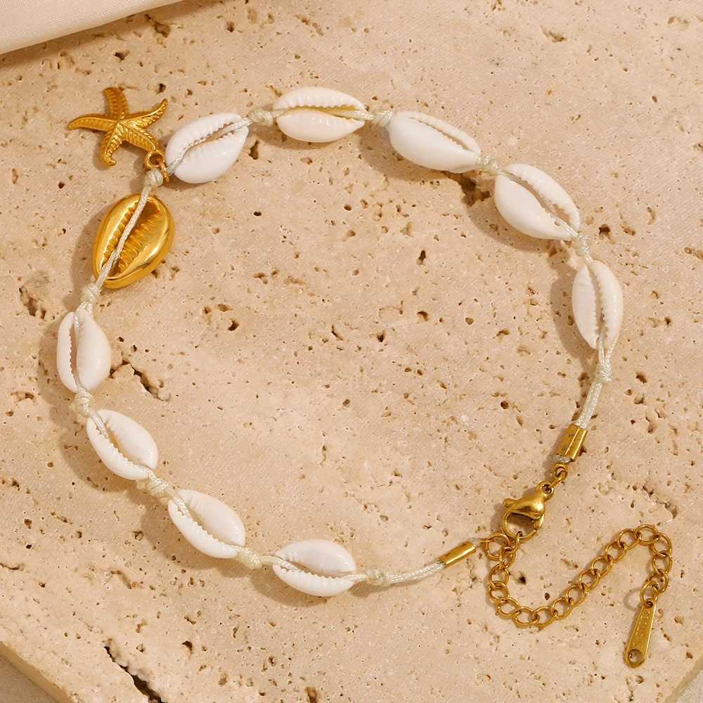 E.B.belle 18K Gold Plated Summer Beach White Shell Starfish Anklet Chain Stainless Steel Hypoallergenic Women Foot Jewelry W250604