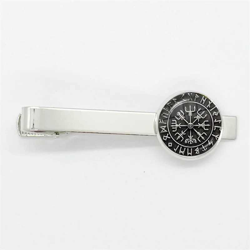 New Viking Compass Ancient Trinity Nordic Rune Odin Symbol Pattern Glass Tie Clip Silver Color Tie Clips for Men Charm Jewelry W250604