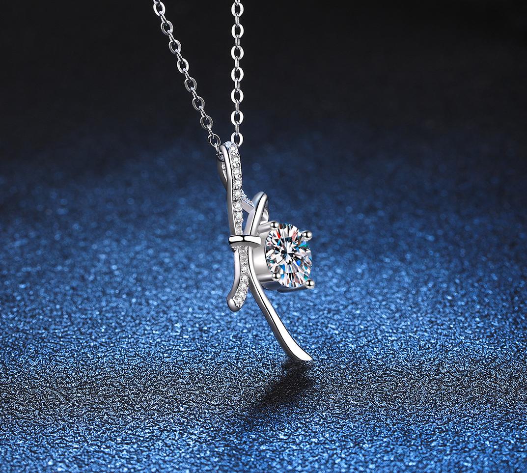 S925 Sterling Silver Moissanite Necklace with 1ct D-Color Moissanite Pendant, Elegant Butterfly Knot Design, Platinum Plated Jewelry for Women