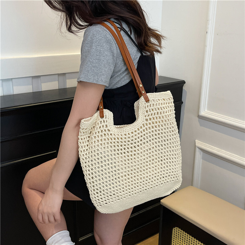 designer New Large Capacity Lazy Style Woven Bag for Women Versatile Literary Shoulder Bag Beach Bag Cotton Rope Commuter Tote Bag