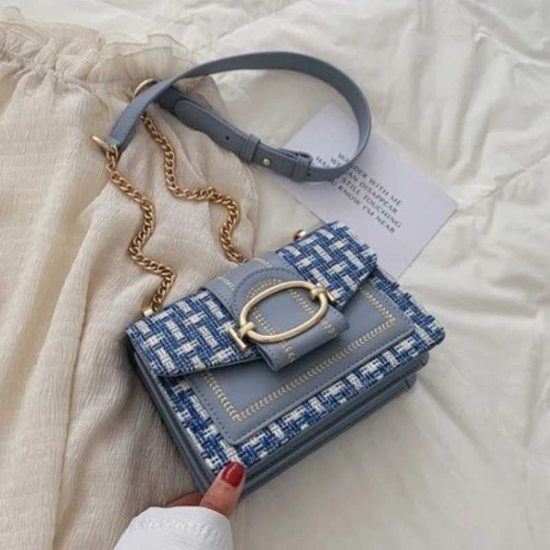 Chic Mini Plaid Tweed Crossbody Bag with Adjustable Strap Fashionable Buckle Closure - Available in Cream Green Blue Black XJ250604