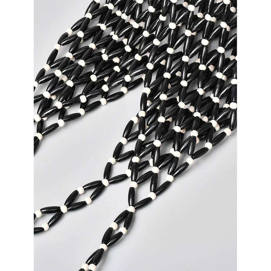 OLOEY Women Woven hand summer design hollow-out wooden bead tote bucket shoulder bag female Reticulate netted canvas beach handbag