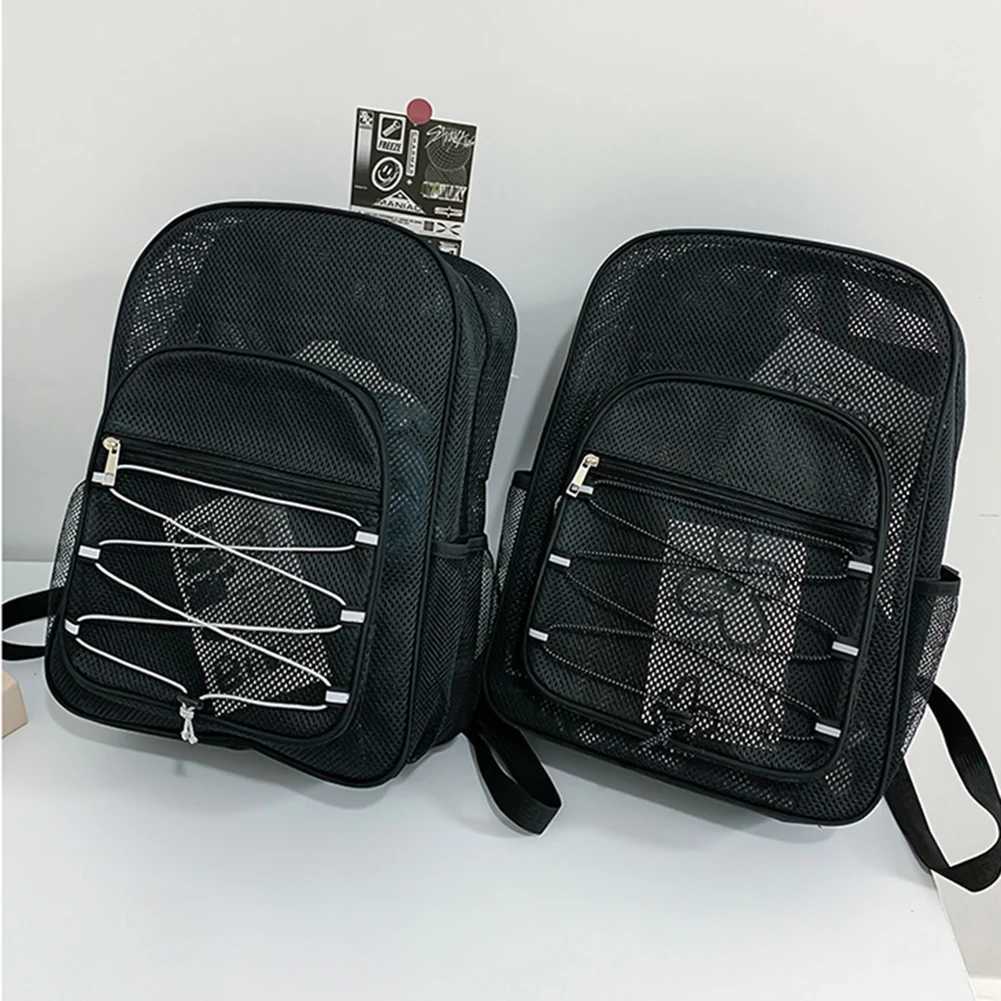 Unisex Gym Bag Multifunctional High Capacity Backpack Wear-resistant Semi-Transparent Bookbag Solid Color Mesh Sport Fitness Bag W250603