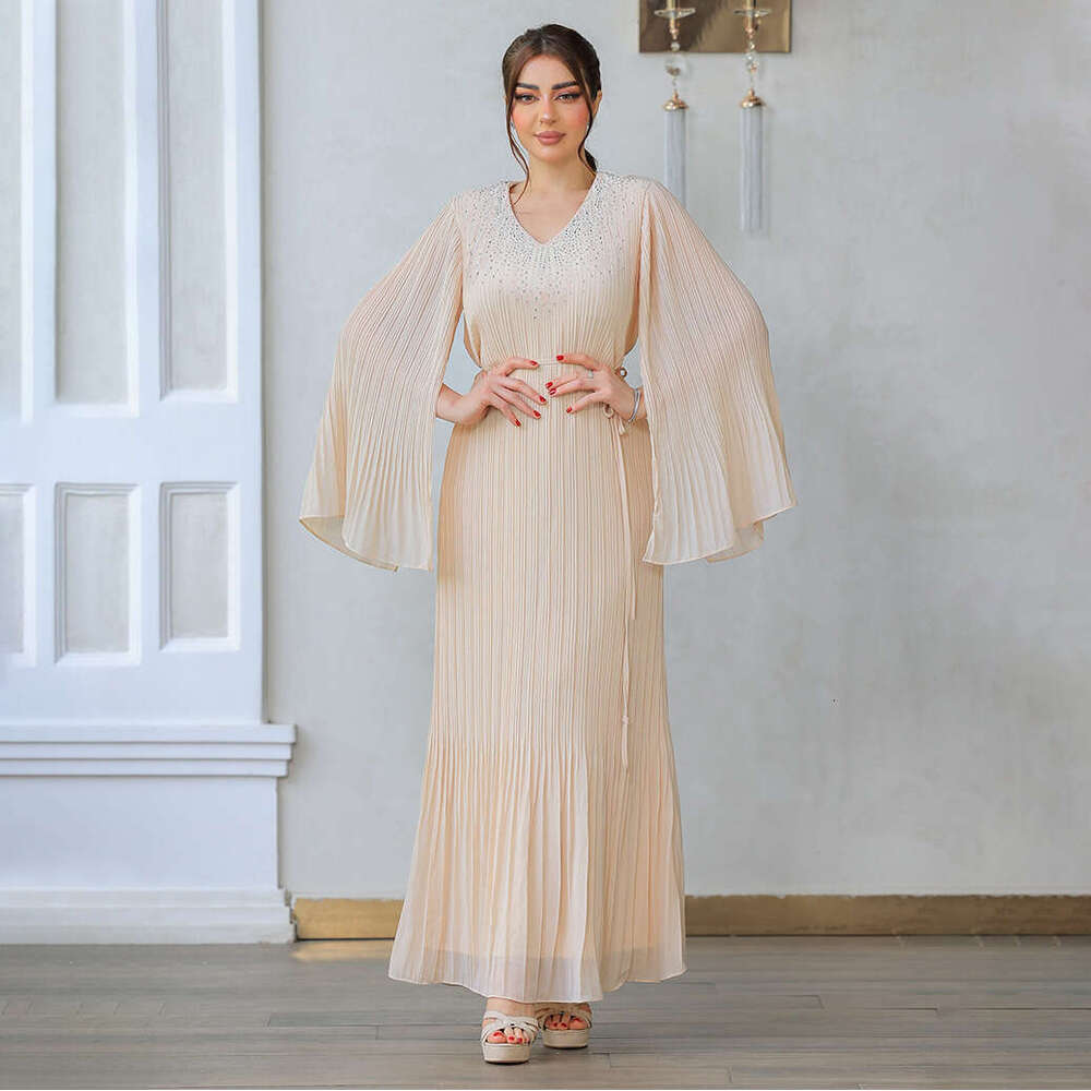 Because0393 Slimming Pleated Women's Dubai Arabic Robe With Rhinestones Evening Dress B5