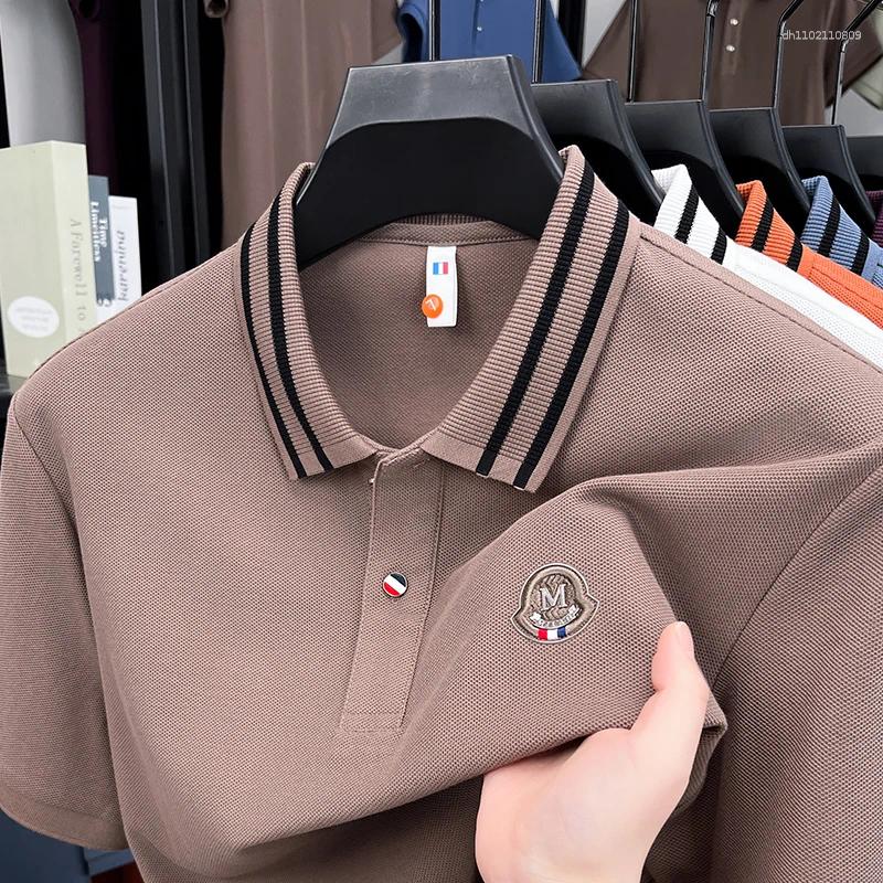 Mens Polos High End Brand Cotton Short Sleeve Polo Shirt Letter Embroidery Lightweight Breathable Fashion Stripe Lapel T-shirt