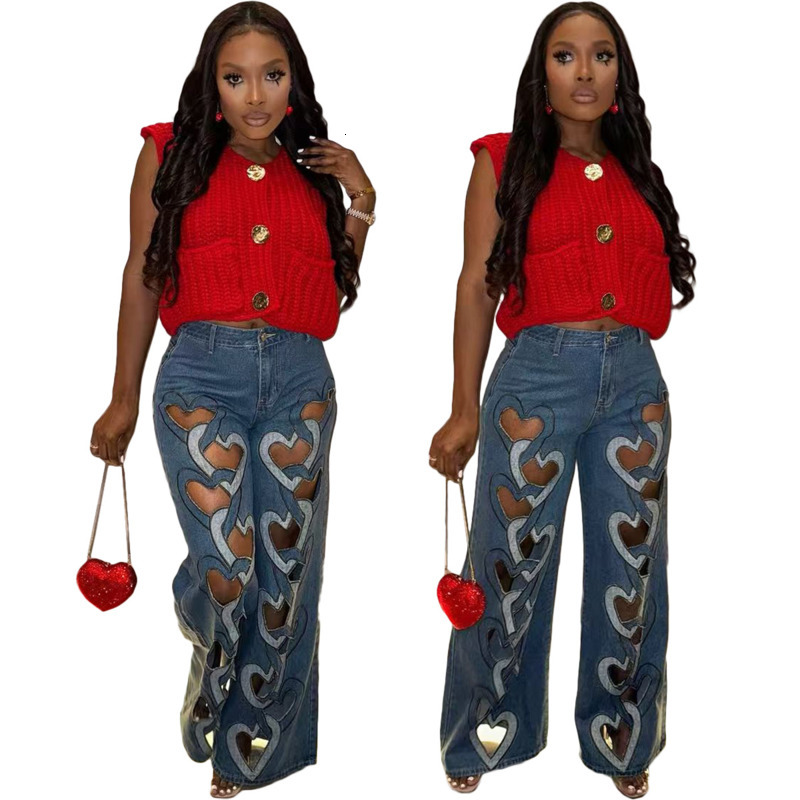 Womens Jeans 2025 New Fashion Elastic And Personalized Denim Pants With Hollowed Out Embroidery And Heart-shaped Straight Leg Pants