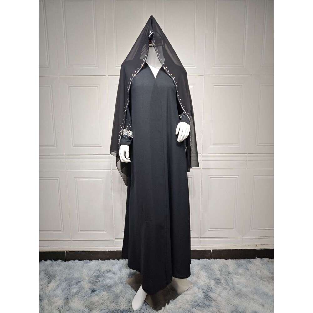 Mq128 Women's Long Dubai Rhinestone Beaded Cardigan Robe Dress With Headscarf B5
