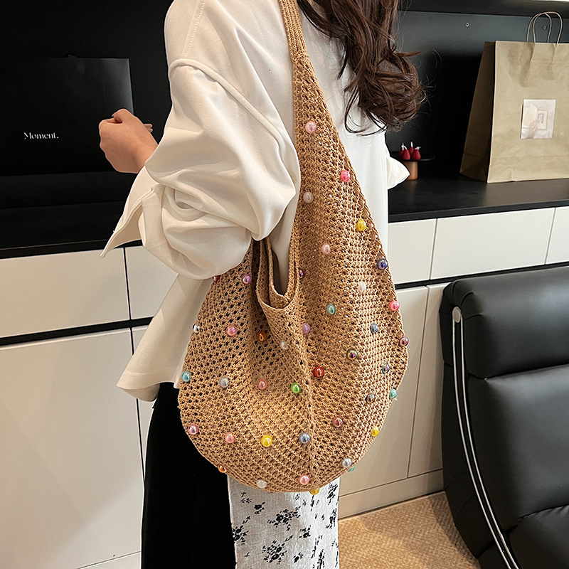 designer Lazy Style Beaded Woven Bag for Women 2025 New Simple Cute Single Shoulder Handbag Large Capacity Tote Bag
