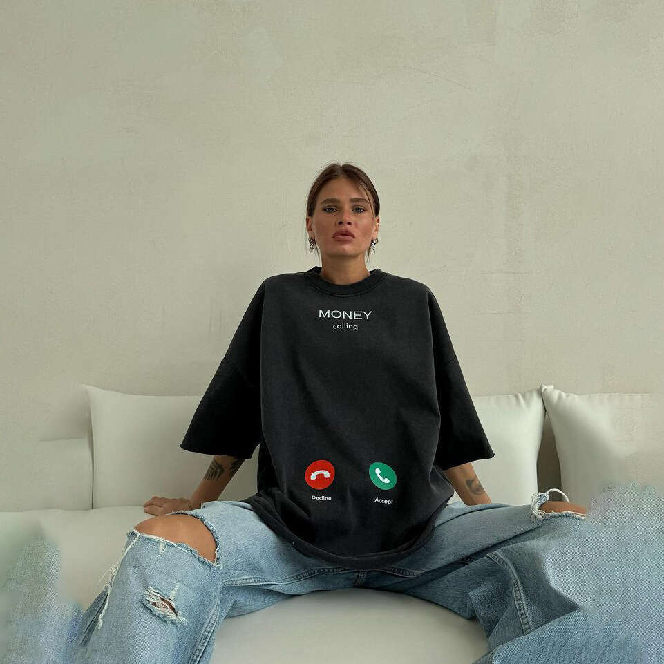 Boyfriend Style Oversized Drop Shoulder Round Neck Pullover Top Casual Versatile Simple Ins Print Short Sleeve T-Shirt Women's Clothing B5