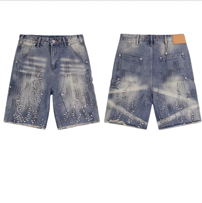 Men's Shorts Y2K Retro Black Denim Shorts Men Women Harajuku Fashion Rhinestone Rivet Loose Short Pants Gothic Fashion Raw Edge Washed Shorts