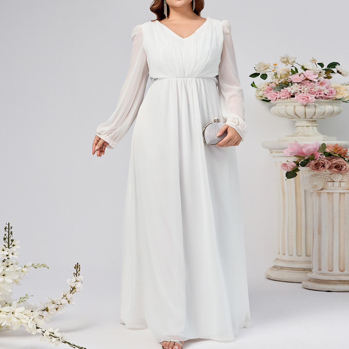 New plus size womens chiffon long sleeved dress with a large swing slimming effect V-neck banquet party spring