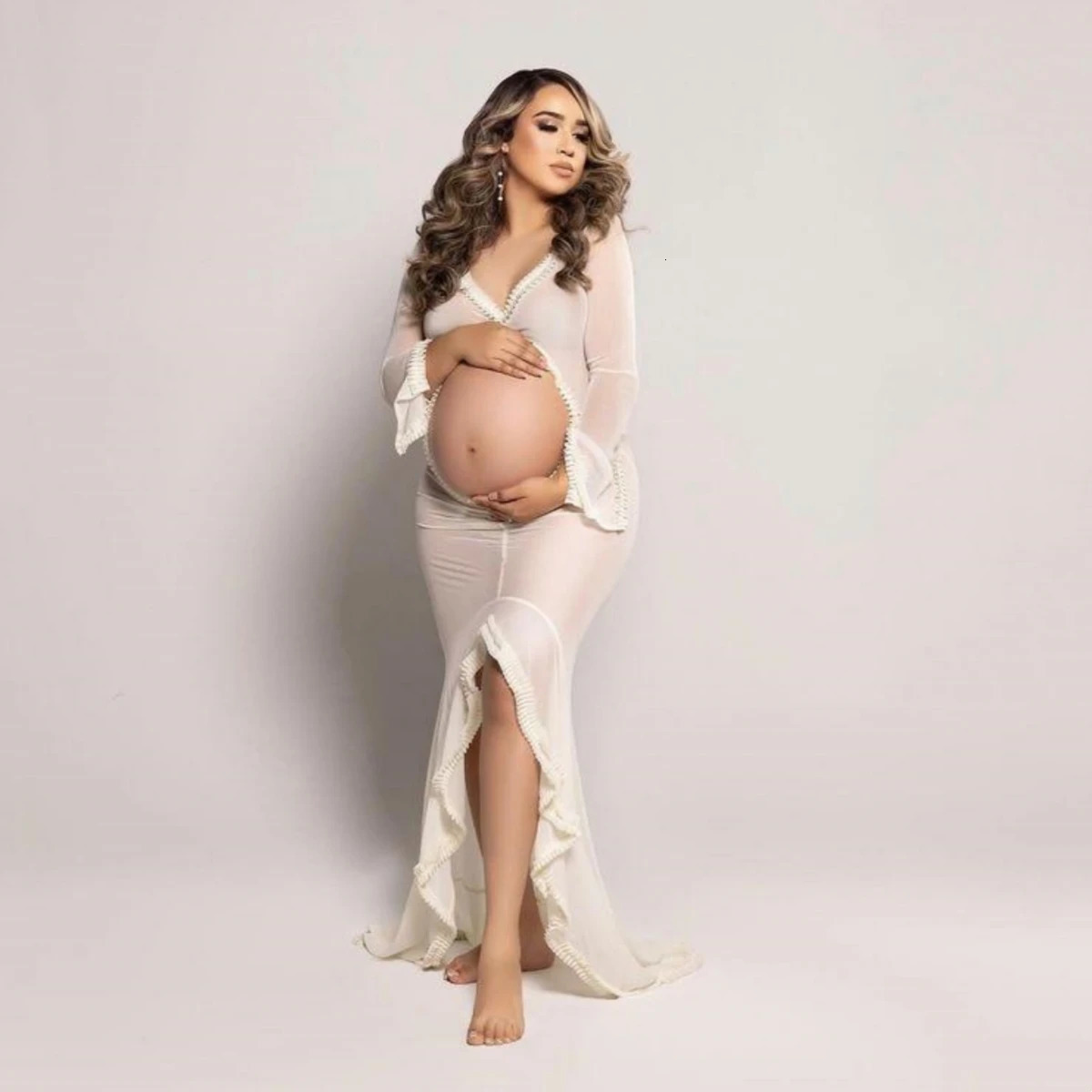 Hollow Out Tulle Maternity Poshoot Dress Stretchy Tulle Pregnant Woman Pography Memaid Dress Long Train 250530