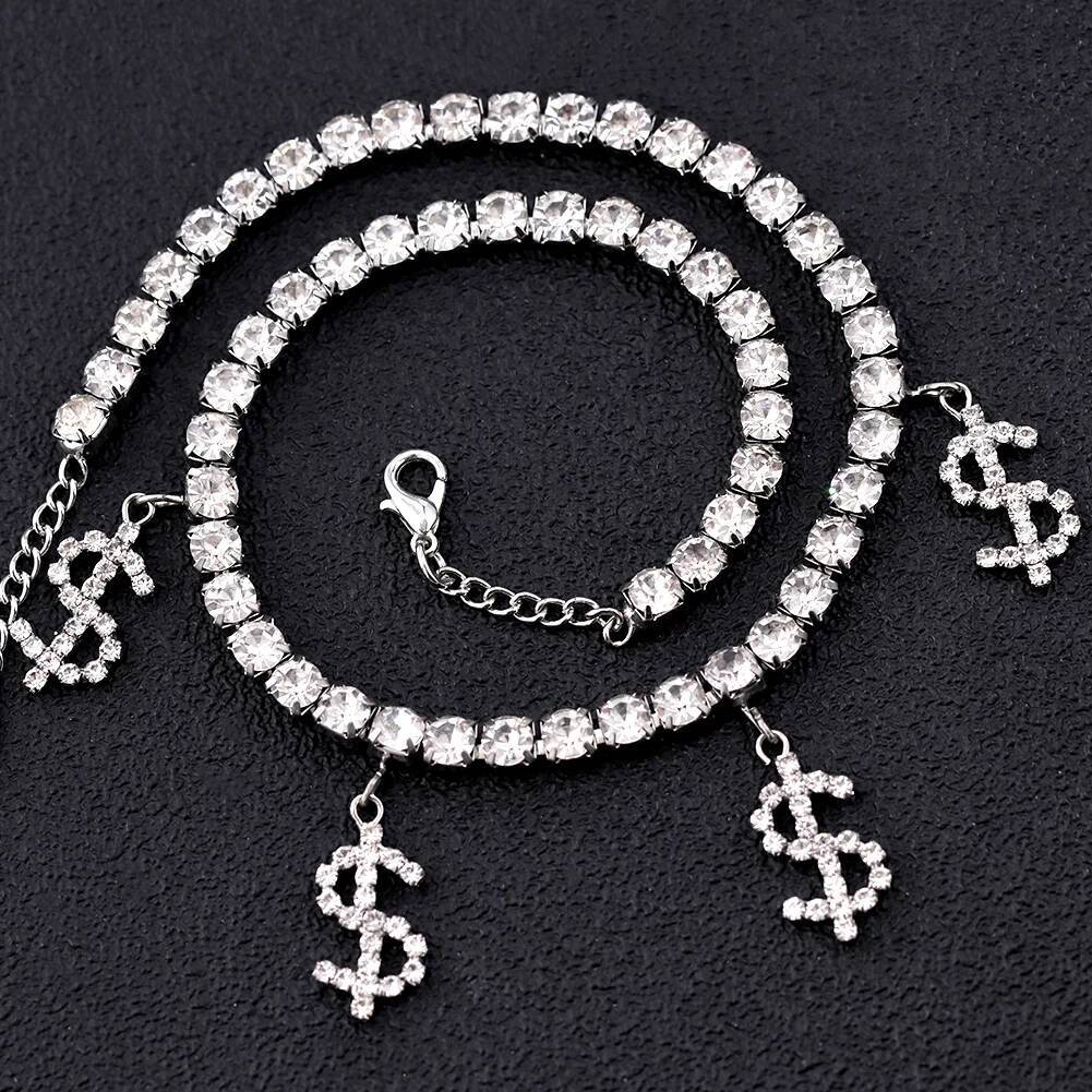 Bling Rhinestone Dollar Sign Pendant Choker for Women Gold Sier Color Crystal Chain Necklace Statement Jewelry