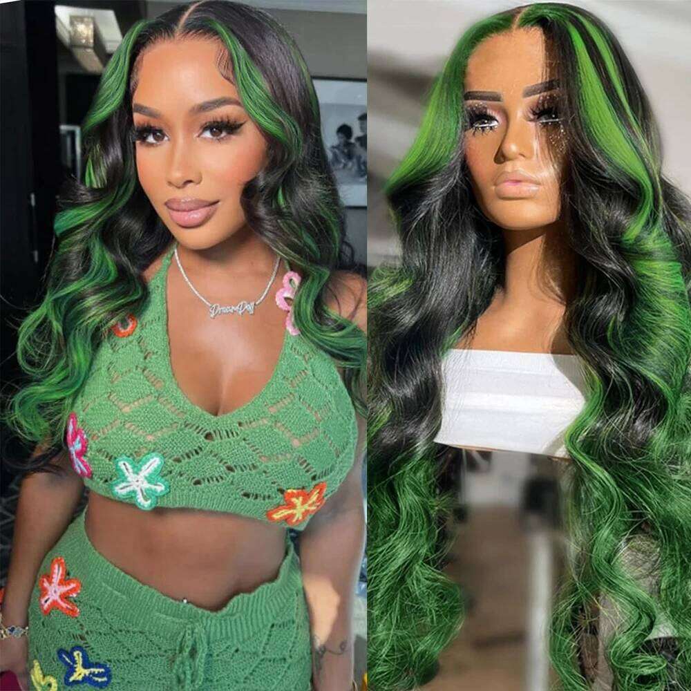 Black and Highlight 13x4 Body Wave Frontal Wigs Ombre 13x6 Green Lace Front Wig Human Hair Pre Plucked
