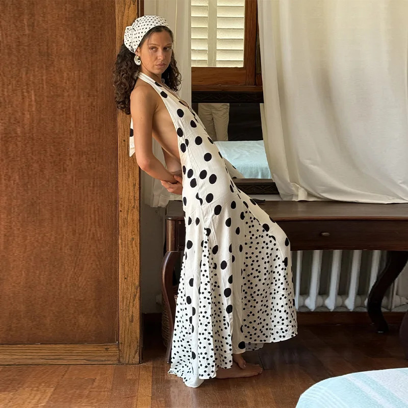 Fashion Elegant Polka Dot Off Shoulder Halter Neck Dress V Neck Backless Spliced Maxi Dress Summer Beach Party Evening Gown 250604