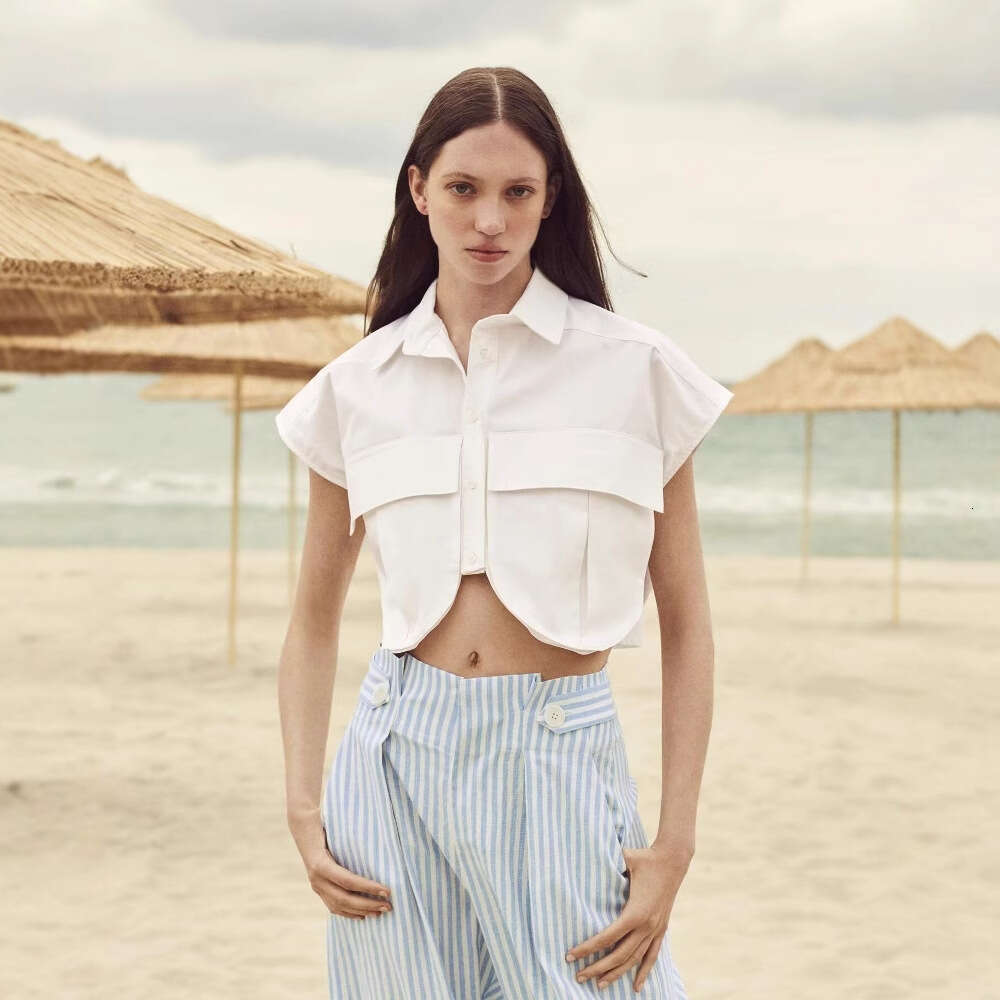 10 Colors Women's Clothing Spring Solid Color Large Pocket Sleeveless Polo Collar Denim Shirt Top For Women B5