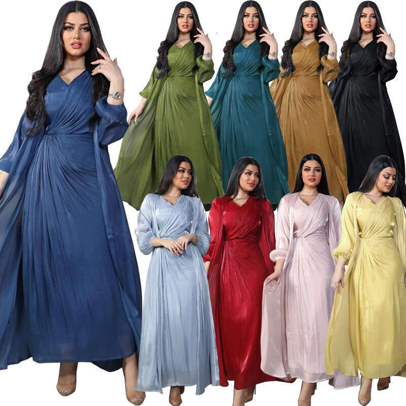 Mq056 Modest Shiny Silk Dress Dubai Turkish Robe Fashion Abaya Soft Two-Piece Set B5