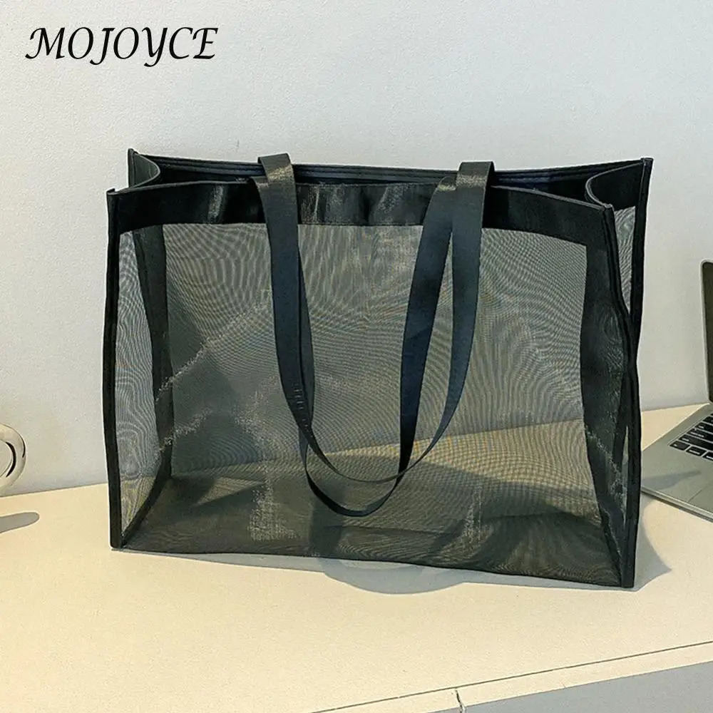 Fashion Shopping Bag Large Capacity Mesh Top-Handle Handbag Solid Color Storage Bags Transparent All-match for Beach Swimming 250603