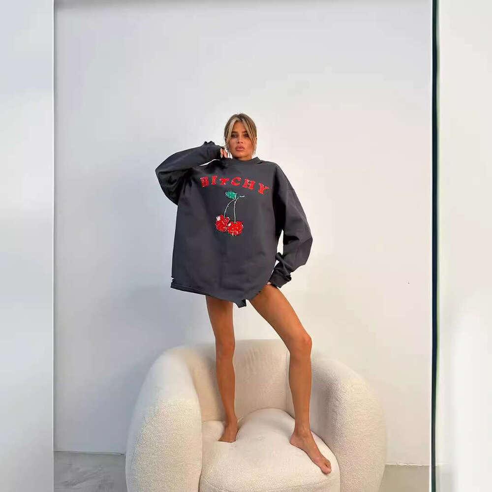 American Style Distressed Cherry Print Crewneck Pullover Sweatshirt For Women, Trendy Loose Fit Long Sleeve Slimming Top B5