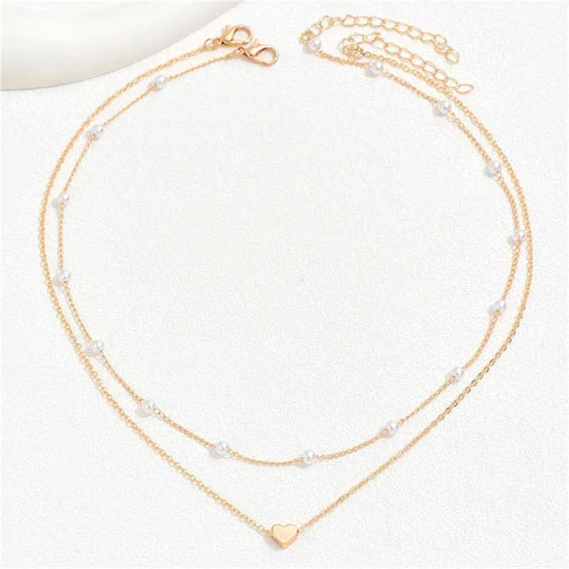 Simple Pearl Choker Necklaces for Women Fashion Double Layer Chain Small Love Heart Pendant Necklace Jewelry Gift Wholesale XJ250604