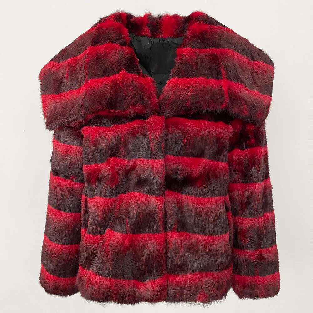 MENINA 2025 New Real Natural Rabbit Long Fur Stripe Winter Jacket Women Thick Warm Elegant Outerwear Streetwear Loose Coat