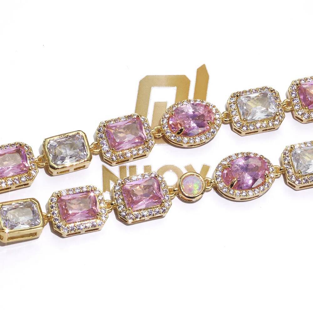 ESKEEM 10mm Opal Custom Bling Pink Cz Stone Sier Gold Plated Necklace Geometric Gemstone Motif Iced Out Link Chain