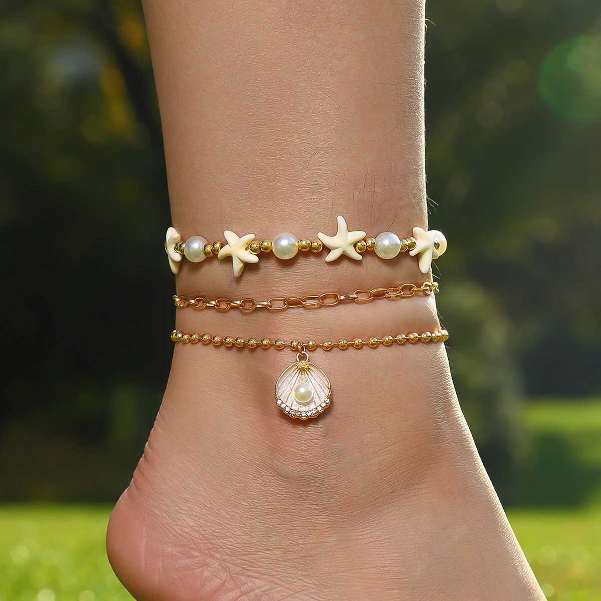 Boho Summer Beach Starfish Turtle Flower Seed Beads Anklet for Women Men Vintage Handmade Multilayer Anklets Holiday Jewelry W250604