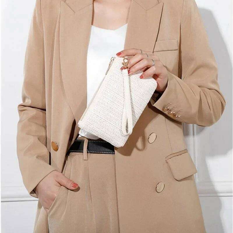 Women's Fashion Long Wallet Simple Straw Bag Coin Money Card Holder Organizer Purse Handbag Large Capacity Mobile Phone Pouch