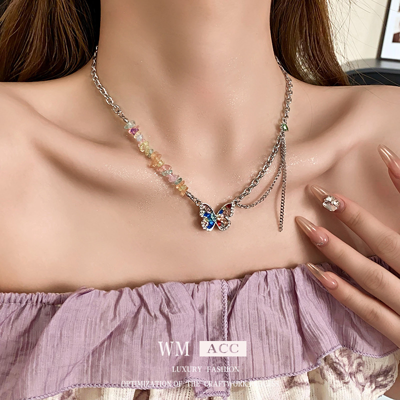 Titanium steel diamond inlaid butterfly necklace with dopamine personality design, clavicle chain, niche, light luxury