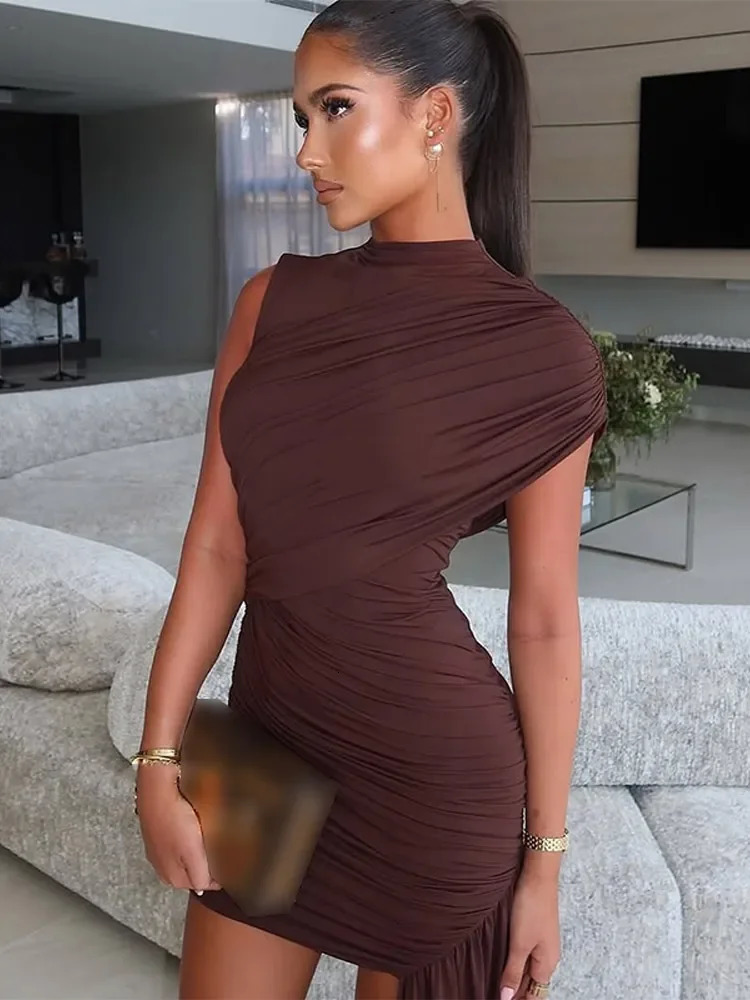 Brown Lace Up Pleated Mini Dress Elegant Round Neck High Waist Sleeveless Slim Fit Short Dresses Lady Summer Evening Party Robes 250603 - view 3