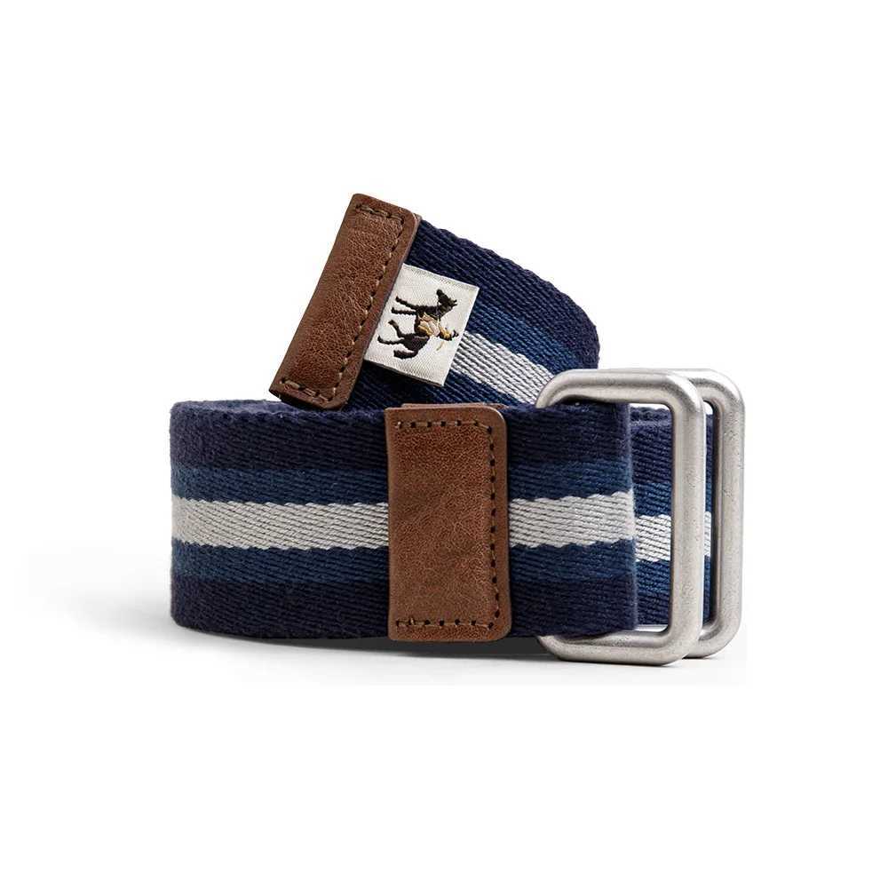 Maden Womens No-hole Blue and White Colorblocking Belts Double Ring Buckle Belt Retro Striped Woven Canvas Elastic Belt W250604