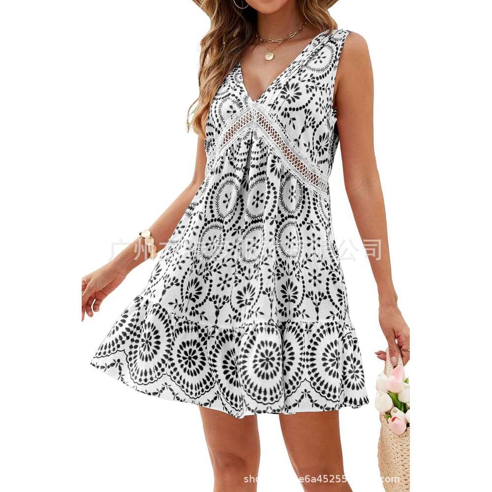 European American Women's Spring Summer Printed Hollow Lace V-neck Sleeveless Dress 2025 New Style Chic and Elegant Clothing