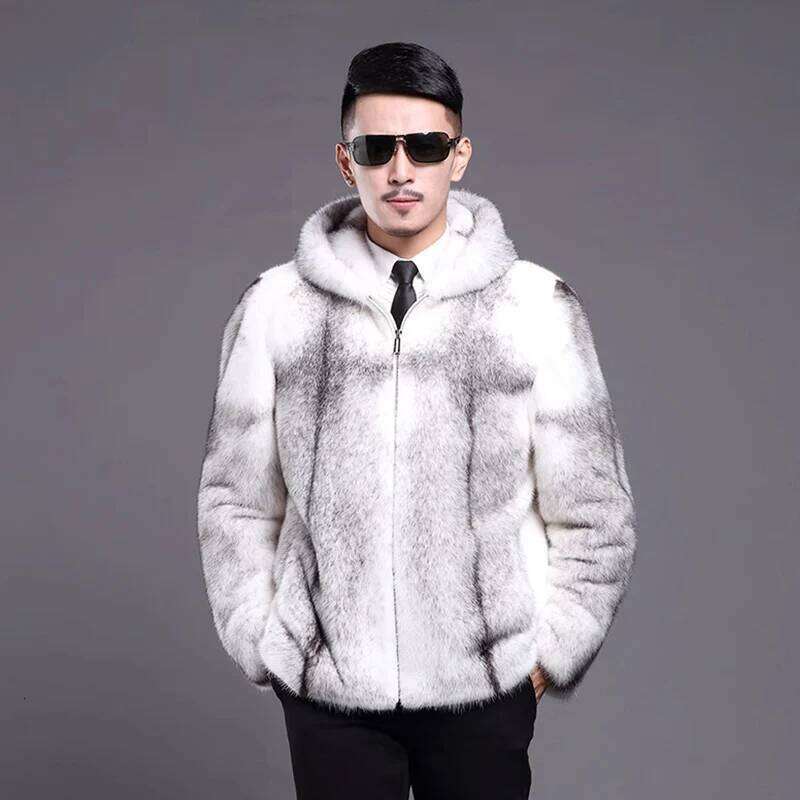 Men's fur mink coat hooded slim-fit zipper short casual jacket plus size