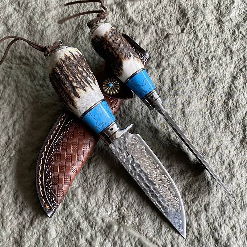 Household Damascus steel Sharp Blade Kitchen Deer Antlers + Turquoise Handle Fixed Knife Hand Tools Outdoor Camping