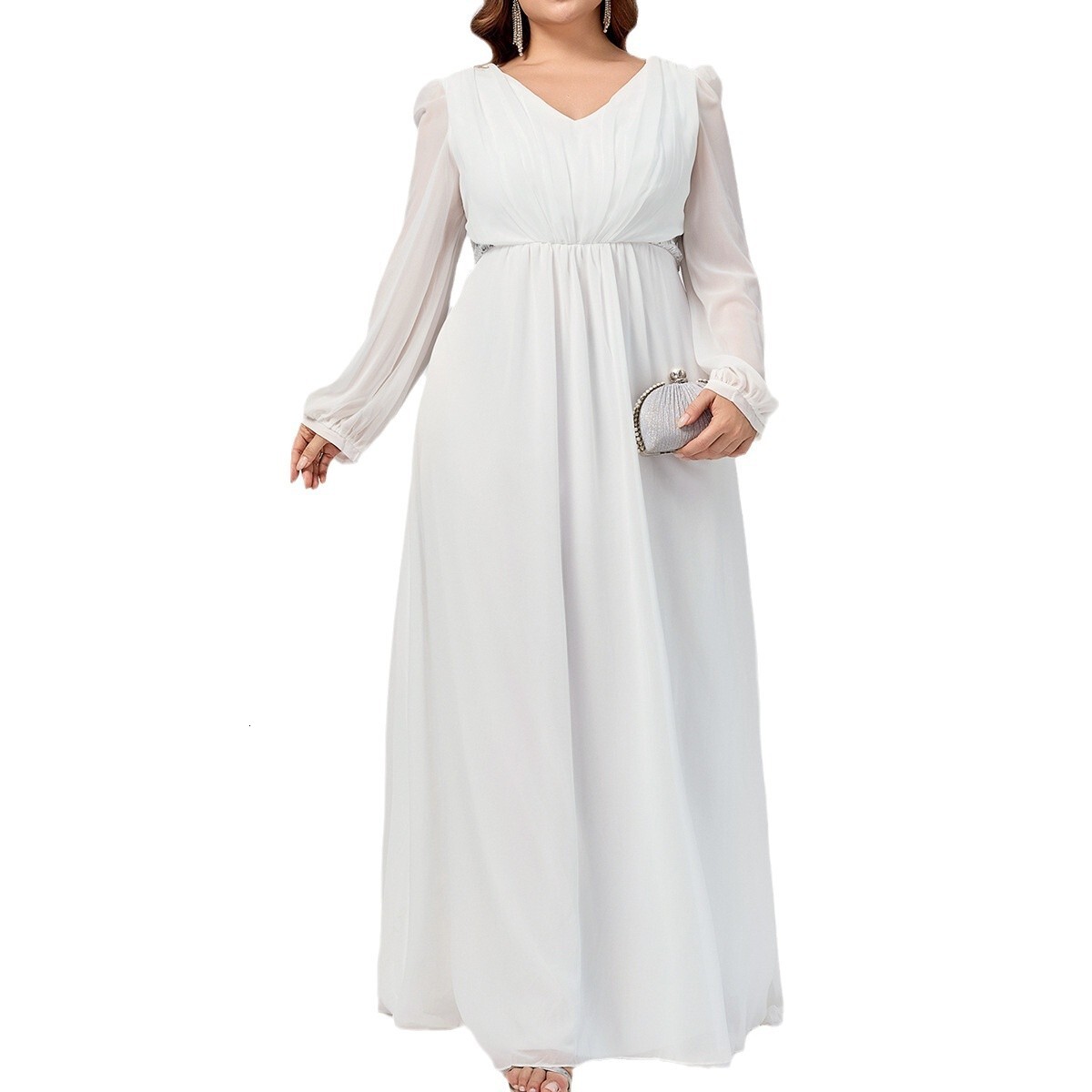 New plus size womens chiffon long sleeved dress with a large swing slimming effect V-neck banquet party spring