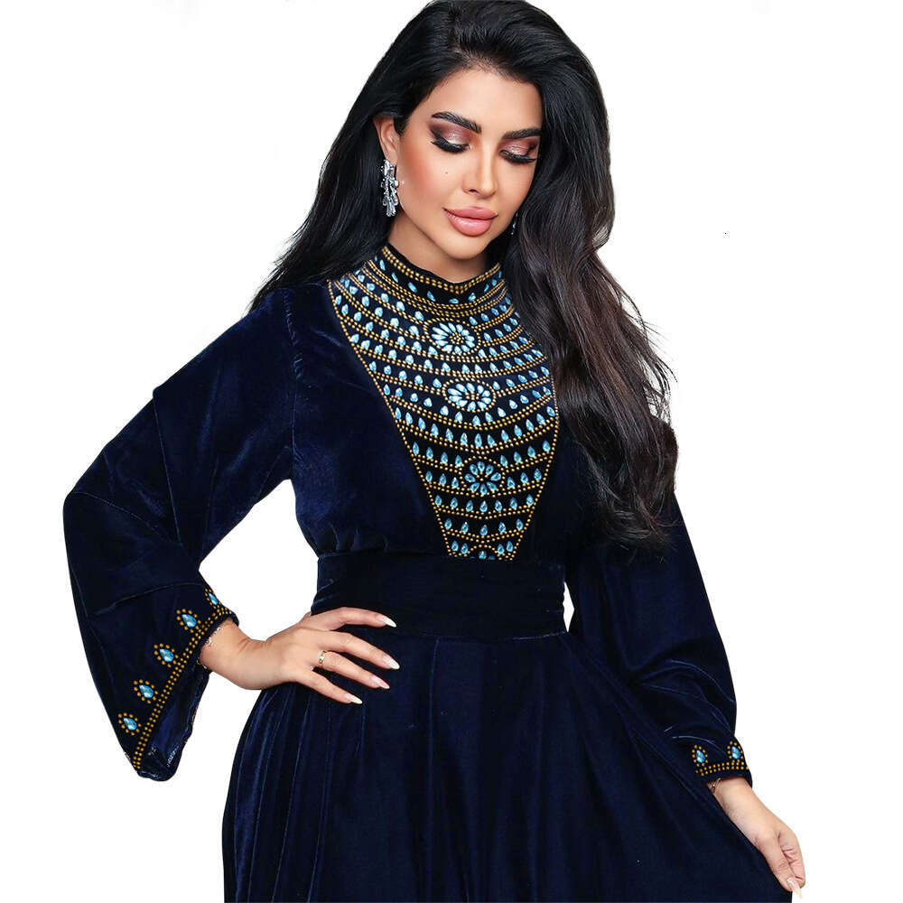 Because0219 Muslim Dubai Velvet Evening Gown Robe Blue Water Drop Rhinestone Jalabiya Women's Wear B5
