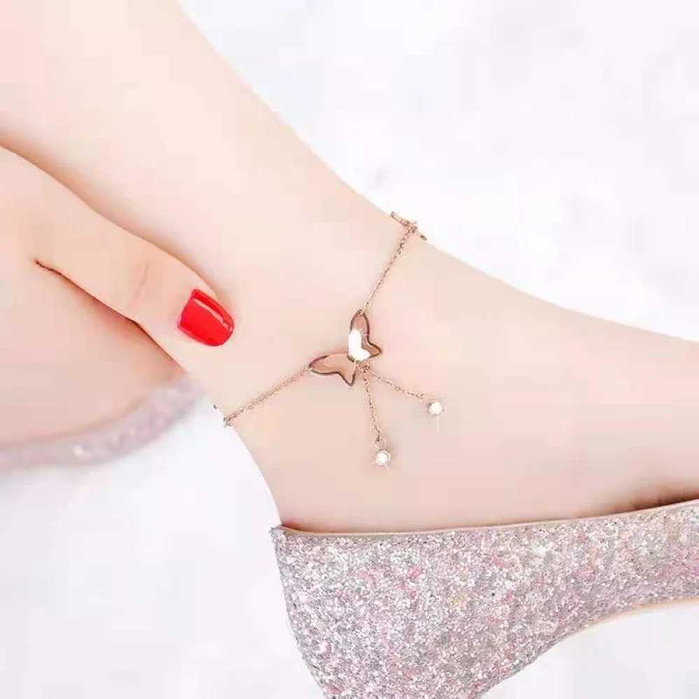 Stainless Steel Women Butterfly Pendant Foot Chain Barefoot Leg Bracelet Rose Gold Color Beach Anklet Jewelry Drop Shipping W250604