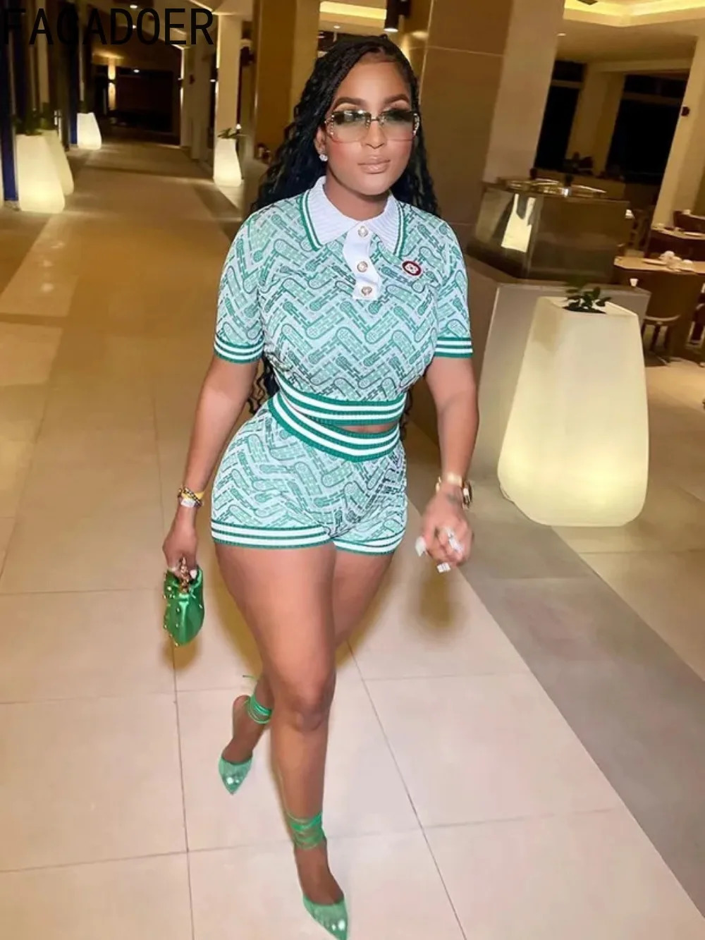 FAGADOER Rib Fashion Print Two Piece Set Women Outfits Sweet Y2k Crop Top and Shorts Casual Streetwear Summer Matching Sets 250530