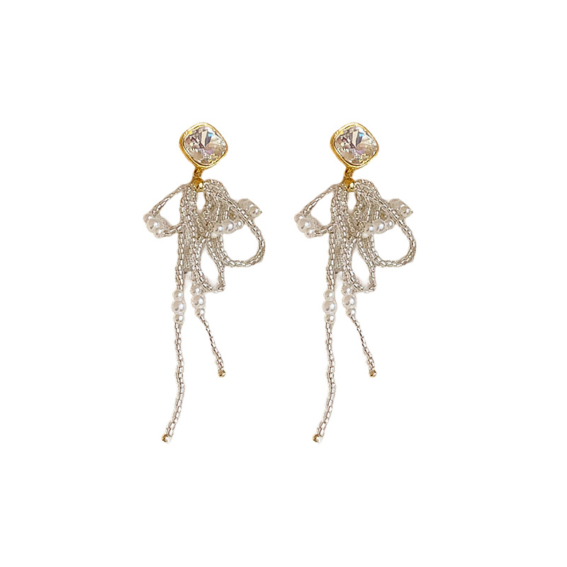 18k genuine gold electroplated pearl tassel earrings, French retro rice bead bow earrings, high-end and fashionable earrings