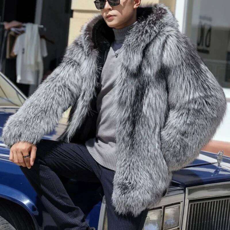 Coat Men Autumn Winter Hooded Thick Faux Fox Jacket Long Sleeve Warm Fur Black Parkas Bontjas Furry Shaggy Outerwear