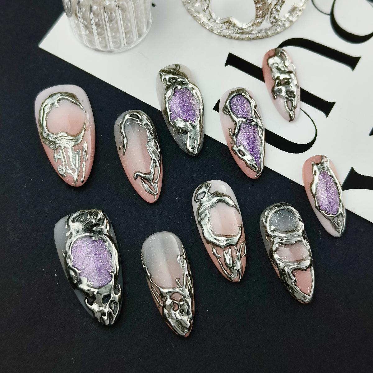 10pcs 3D Hand drawn Handmade Press-on nails Medium Almond Nails Abstract 3D Fake nails Bundle Finished nail stickers Free storage box jelly glue nail 