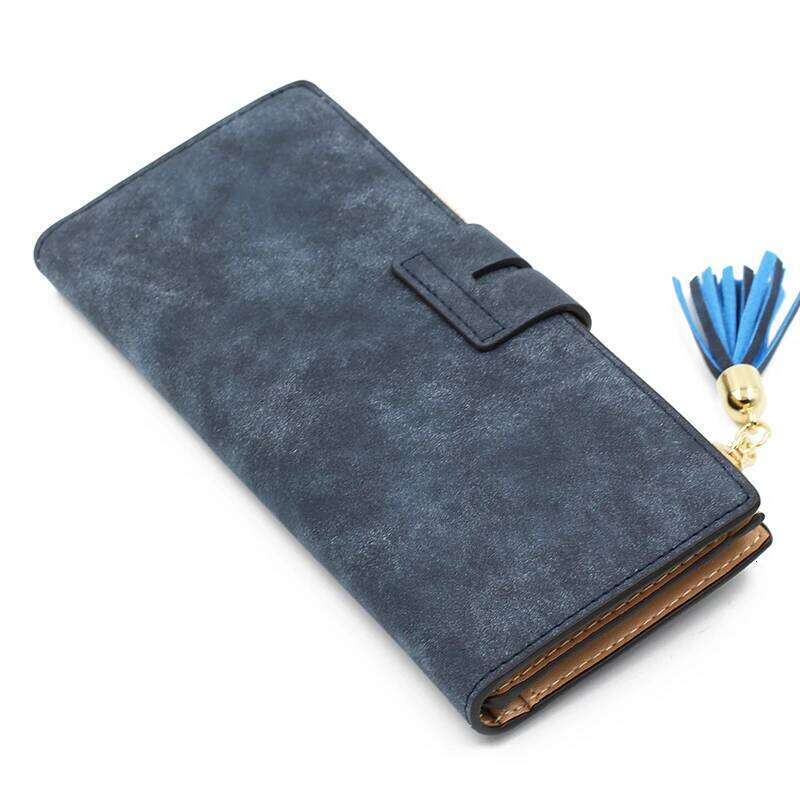 Women's long purse European and American vintage frosted Umbrella Hardware buckle fringe multi-card folding mobile wallet Large