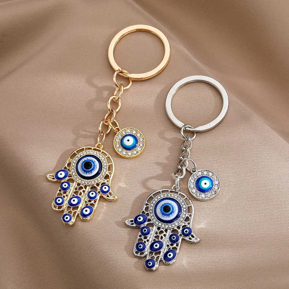 Ethnic Style Lucky Blue Evil Eye Keychain Charm Crystal Fatima Hasma Hand Key Ring Holder Key Bag Charms For Women Men M250604