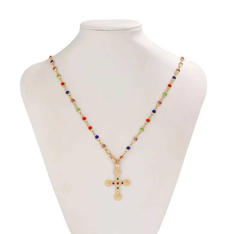 Y2K Fashion Boho Geometric Colored Crystal Chain Necklace For Women Female Vintage Gold Color Metal Cross Pendant Jewelry Gift XJ250604