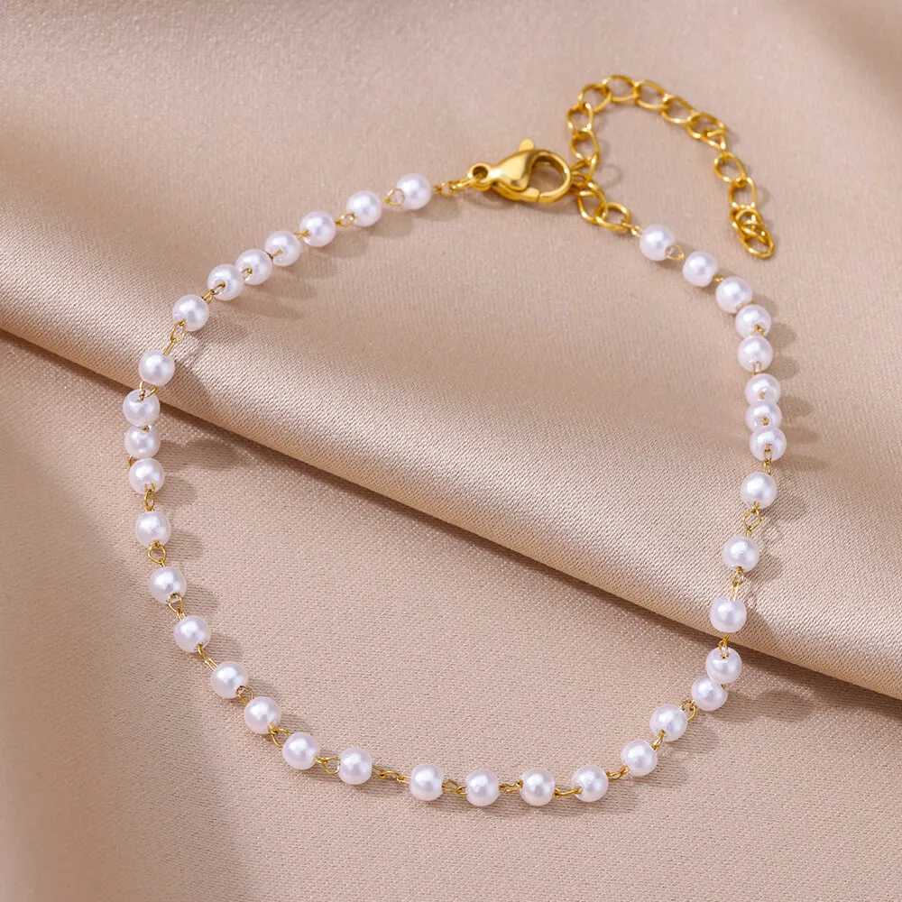 Anklets for Women Summer Beach Accessories Stainless Steel Imitation Pearl Chain Anklet Gold Color Leg Bracelets Bodychain Gifts W250604