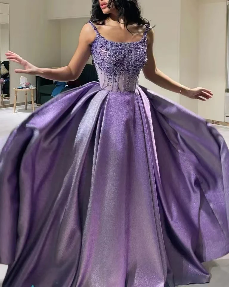 Chic Arabic Purple Glitter Prom Dresses Beaded Satin A-Line Evening Gowns Spaghetti Straps Corset Sequins Pearls Long Birthday Party Dress