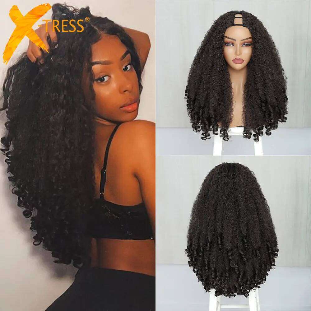 Wig Female Black Fluffy U-shaped Yaki Screw Roll Long Roll Hair Clip Hair Half Head Cover U Part Wig