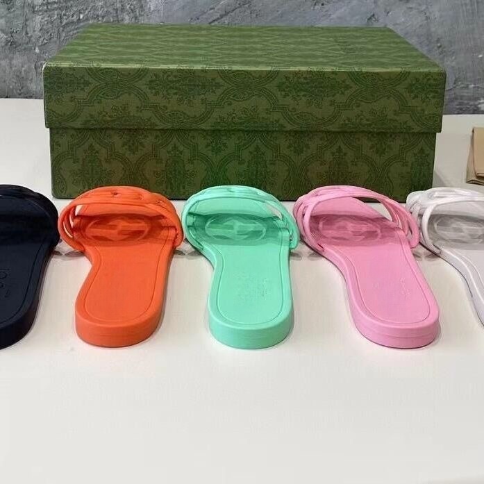 Designer G Famliy Slippers 1:1 Leather Sandals Women Slides Rubber Slippers Ladies Flat Beach Jelly Orange Summer Fall Mules Outdoor Waterproof Flip flops 35-42