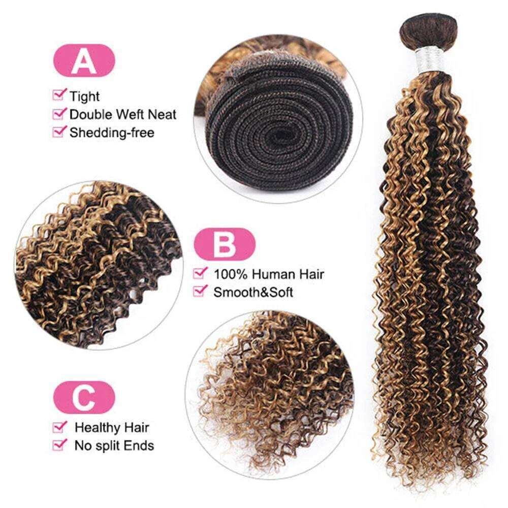 427 Highlight Human Bundles Honey Blonde With 13x4 Lace Closure Remy Hair Extention Brown Curly 18-36 Inch